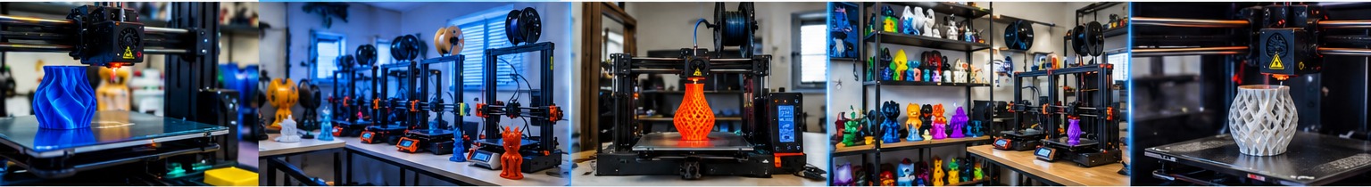 Várias mini fábricas com impressoras 3D produzindo peças e objetos coloridos